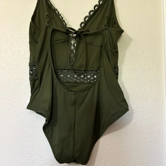 BECCA Siren Olive Green One Piece Swimsuit. Cute Circular Cutouts, Tie Back. - Picture 6 of 16